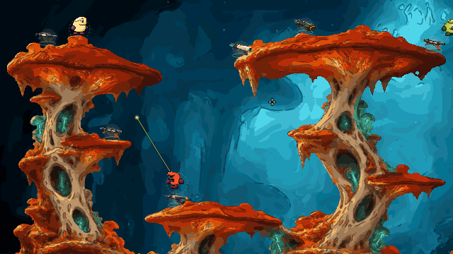 Gameplay showing a character grappling through a 2D arena