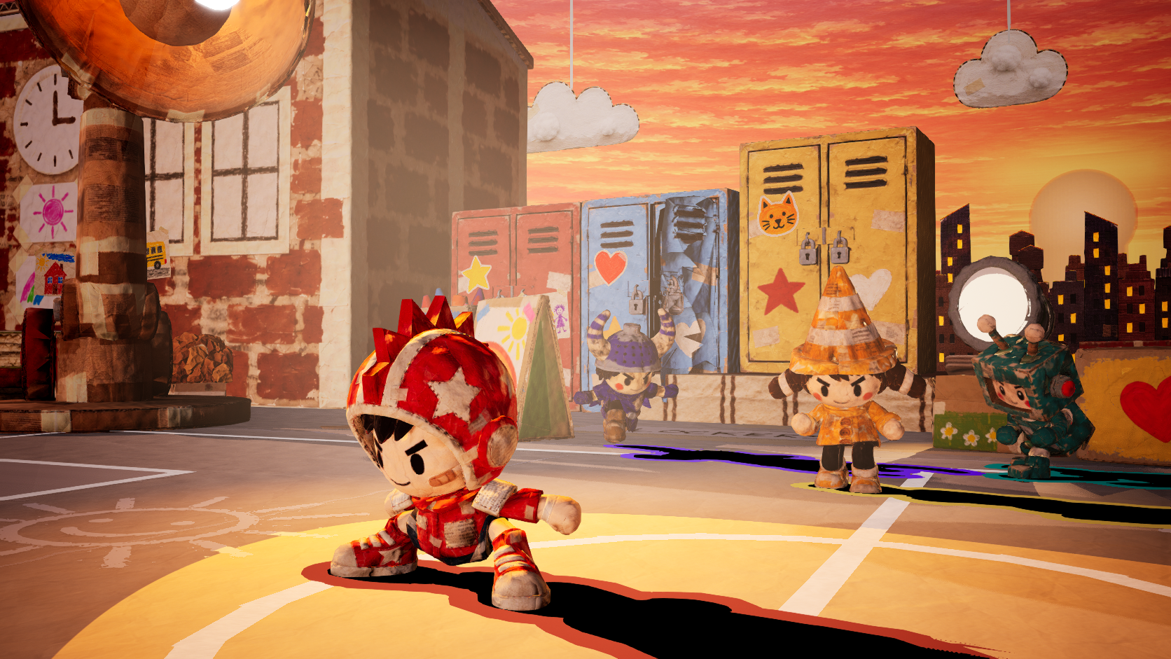 Papier-mâché characters and their projected shadows in a cardboard schoolyard